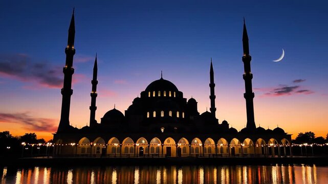 Silhouette of a simpel mosque with minarets at sunset during Ramadan, with a crescent moon in the sky and a calm body of water in the foreground.
