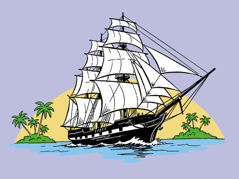 Vintage tall ship sailing artwork near tropical island. Ocean adventure graphic print. Clipper boat design for t shirt print, poster, sticker, backgro