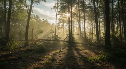 Obraz premium Sunlit forest floor with fallen tree and misty atmosphere