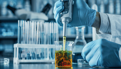 Scientific Analysis Of Plant Extract Using Digital Pipette In Laboratory