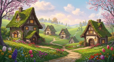 Whimsical cottages nestled in a lush green meadow with blooming flowers