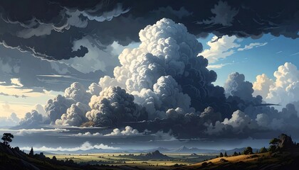 A dramatic sky painting shows a massive, towering cumulus cloud formation dominating a sunlit landscape
