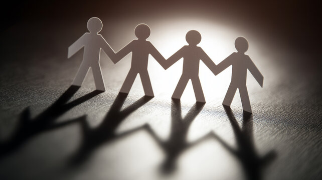 Paper chain people holding hands together symbolizing unity and teamwork