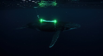 Fototapeta premium Illuminated humpback whale undersea with research tag, glowing green lights