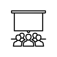 Meeting Presentation Icon. Group Audience Watching Screen. Seminar, Workshop, Training Outline Symbol.