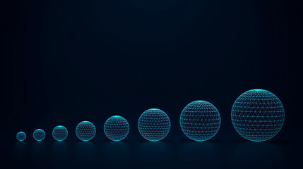 Glowing blue wireframe spheres in a row on dark background