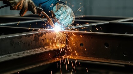 Close-up of skilled worker welding metal structure with sparks flying in industrial workshop