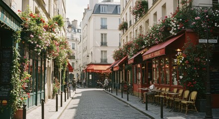 Fototapeta premium Parisian street scene cobblestone lane with flower-adorned cafes and pedestrians