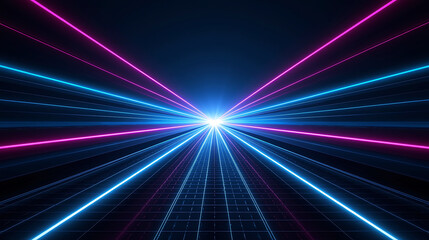 neon light beams radiating from bright center in grid pattern