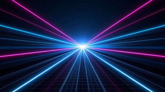 neon light beams radiating from bright center in grid pattern - Powered by Adobe
