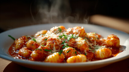 Delicious Hot Gnocchi with Tomato Sauce, Melted Cheese and Fresh Herbs in a White Bowl.