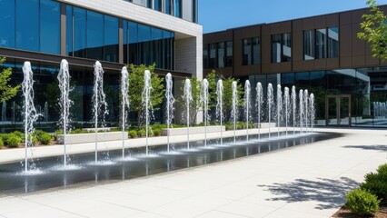 Fototapeta premium Modern architectural complex with contemporary water fountain display in urban outdoor space on a sunny day