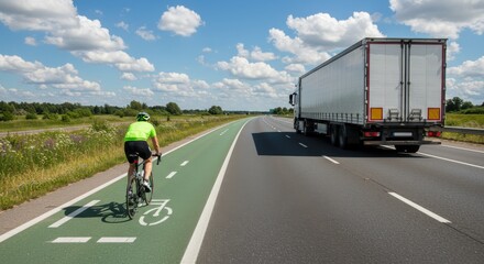 Cyclist on dedicated bike lane with truck on highway under sunny blue sky