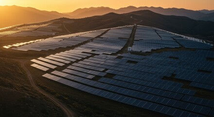 Aerial view of solar panels on a hillside at sunset, energy transition