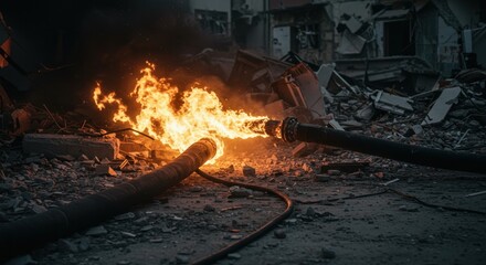 Intense flames erupting from pipes amidst the ruins of a destroyed building