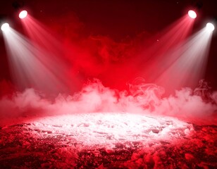 A dramatic stage is illuminated by two spotlights. Smoke and fog fill the space, creating an intense, theatrical ambiance