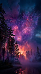 Epic background , amazing of fire works purple color tone over the forest at night ,celebration mood.