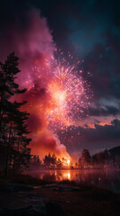Fire works over the river in the middle of black forest , celebration mood.