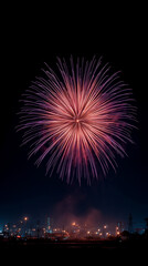 Epic background , a big fire work in the black sky over the city at night.