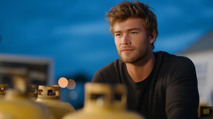 Technician servicing a natural gas or LPG gas bottle, focused attention on connections and regulators emphasizing maintenance, safety standards, and reliable energy supply. cinematic color