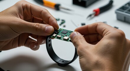 Closeup of hands carefully installing circuit board into smartwatch band