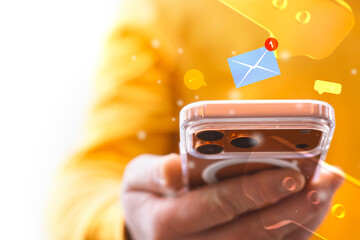 Smartphone surrounded glowing speech bubbles, notification icons and email alert in dynamic golden...