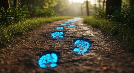 Illuminated footprints guide through forest path towards bright sunlight