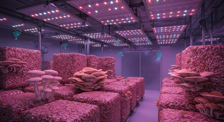 Indoor mushroom farm with led lighting and pink substrate blocks