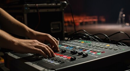 Sound engineer adjusting audio levels on a mixing console during a live performance