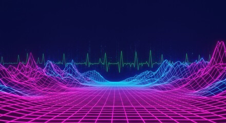 Futuristic neon landscape with ekg waveform and grid lines