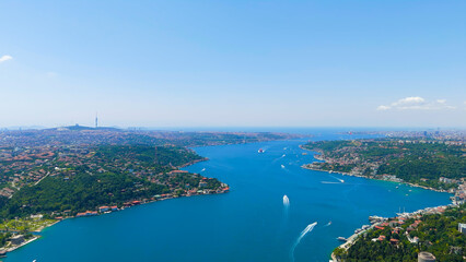 Obraz premium Istanbul, Turkey. City panorama. Flight over the Bosphorus. Strait between Europe and Asia. Sunny day, Aerial View