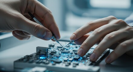 Precision electronic repair hands carefully soldering a complex circuit board