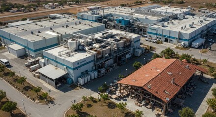 Aerial view of industrial buildings with complex piping systems and a rustic pottery workshop