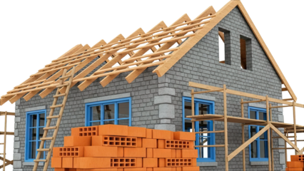 House under construction with brick walls, wooden roof beams and scaffolding