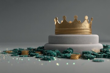 A regal crown rests atop a pedestal surrounded by vibrant poker chips and shimmering lights. This image embodies luxury and the thrill of winning. Generative AI