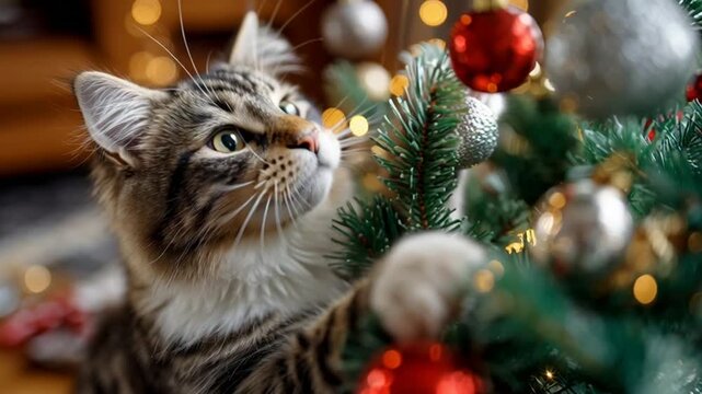 Curious cat exploring Christmas tree decorations.