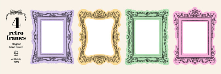 Fototapeta premium Mirror frame. Doodle picture or photo frames vector. Vintage mirrors. Whimsical ornate decorative painting. Cartoon picture photo gallery. Oval antique border. Retro old set. Baroque, victorian art bg