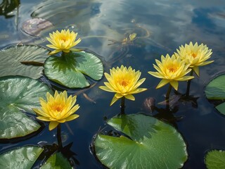 Vibrant yellow water lilies in serene pond