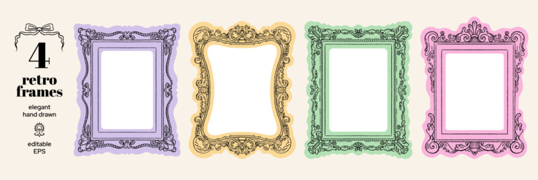 Mirror frame. Doodle picture or photo frames vector. Vintage mirrors. Whimsical ornate decorative painting. Cartoon picture photo gallery. Oval antique border. Retro old set. Baroque, victorian art bg