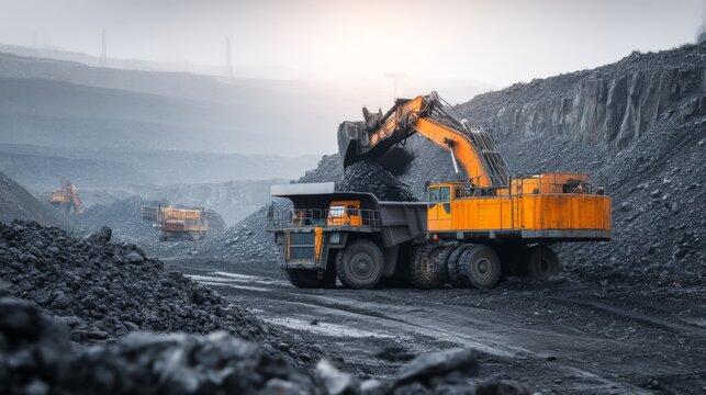 Heavy machinery at work in an industrial landscape. This scene portrays the power of technology in resource extraction. A breathtaking view of a mining operation. Generative AI