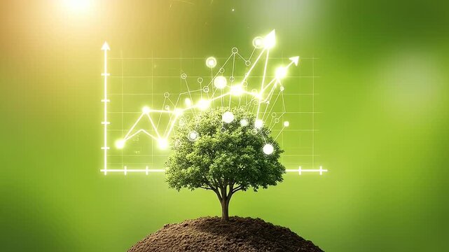 Green tree growing with financial graph overlay symbolizing growth and investment.