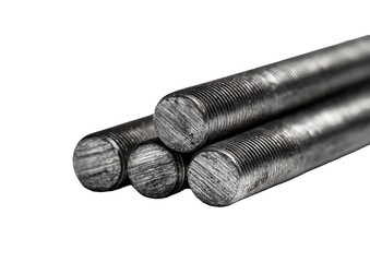 Stacked metal rods, threaded, with circular ends, against a dark background