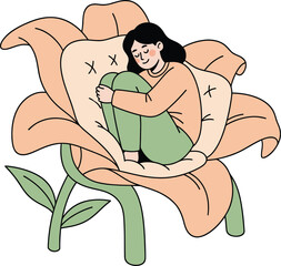 Self Care Sticker | Woman Resting in Flower Petals Vector for Mental Health and Wellness