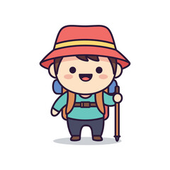 Cartoon Hiker with Backpack and Walking Stick