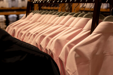 Fototapeta premium Row of pink shirts on hangers. Pink shirts of various sizes in classic clothing store. Choosing the right shirt. Concept of buying shirt, choosing right size. Shopping in premium store for wealthy men