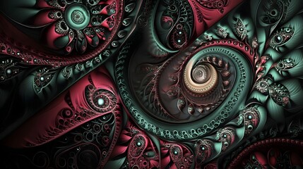 Intricate abstract fractal design featuring a mesmerizing spiral vortex in deep jewel tones of teal and magenta against a dark backdrop