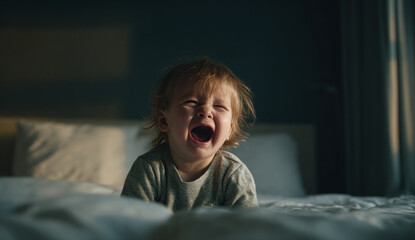 Young toddler with light brown hair crying and screaming on a bed in a dimly lit room, expressing distress or frustration