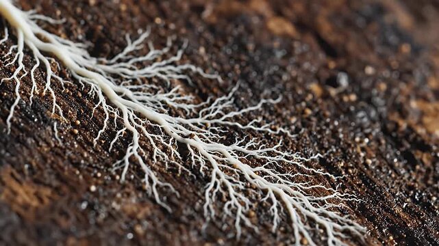 Macro timelapse fungal mycelium branching across decaying wood surface.