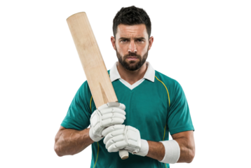 Serious Male Cricket Player in Teal Uniform Holding Bat and Wearing Gloves