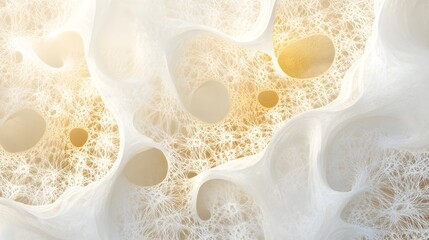 Abstract three dimensional rendering showcases delicate white interwoven fibers creating porous structures with soft golden glowing apertures representing biological or cellular textures.